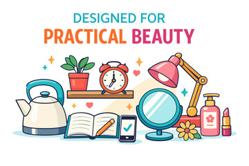 Designed for practical beauty: home items and decor elements in a vibrant illustration