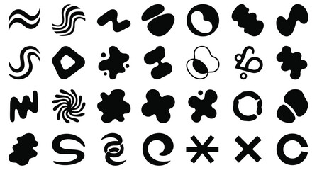 Abstract black ink splatter shapes isolated on white background design elements