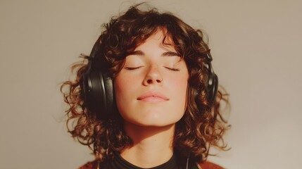 Woman with curly hair is wearing headphones and appears to be in a relaxed state. Concept of calm and tranquility, as the woman is focused on her music