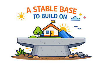 Illustration of house on solid concrete platform with sun and mountains in background