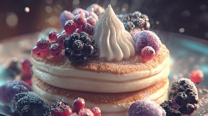 delicious stack of fluffy pancakes served with fresh berries and a dollop of creamy frosting