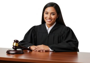 Judge smiling at desk isolated on transparent background