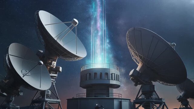 Array of Satellite Dishes Pointing Towards a Vibrant Beam of Light in a Starry Night Sky antenna observatory