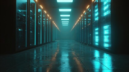 a sleek server room in a hightech data center with glowing blue and green led lights representing the future of technology and digital data management  