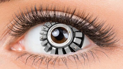 a dramatic image of a persons eye undergoing a hightech transformation into a futuristic cybernetic interface symbolizing advanced biometric identification and cuttingedge security technology