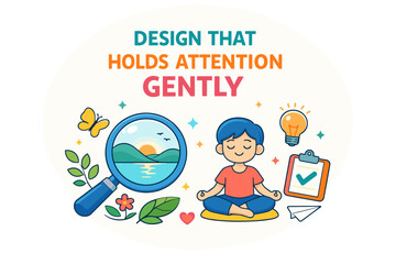 Fototapeta premium Mindful design: calm illustration of boy meditating with nature elements