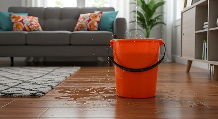 Naklejka premium Orange bucket with water spilling on wooden floor in living room hardwood