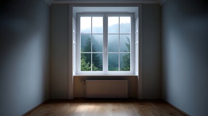 Fototapeta premium An empty room with a large window offering a view of a misty forest at dusk