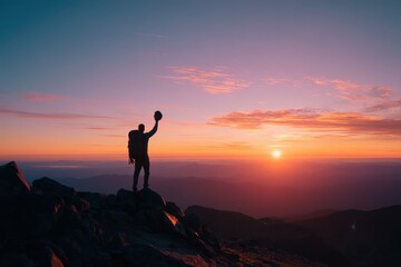 Obraz premium Lone Hiker Silhouette on Rugged Peak at Golden Hour, Cap Lifted