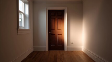 A warmly lit interior room with a closed wooden door and a window bathed in soft sunlight