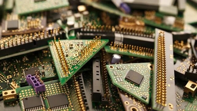A closeup view of a pile of various computer circuit boards and electronic components