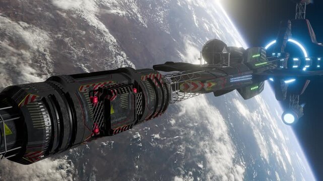A science fiction video featuring spaceships and space stations pace travel.