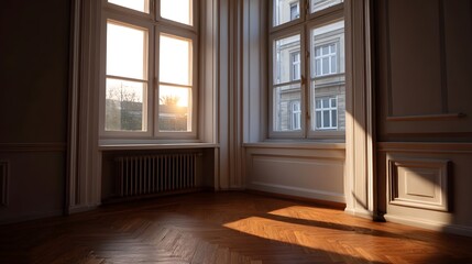Obraz premium Warm sunlight streams into an empty room with classic architecture and wooden parquet floor
