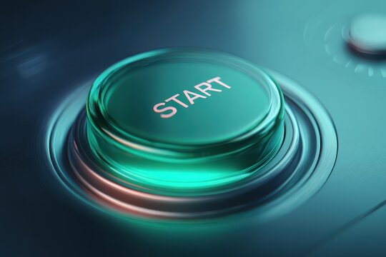 Luminous Start button in a sleek digital interface, teal gradient background, 3D-rendered artwork - Powered by Adobe