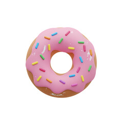 Delicious pink frosted donut with colorful sprinkles on black background