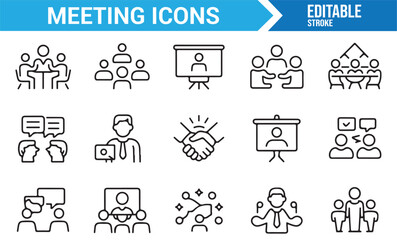Team meeting and business communication linear icon set