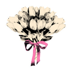 Halftone tulips bouquet, flowers tied with pink ribbon in bow. Spring flowers cut out element, floral clipping sticker for collage and scrapbook. Modern retro grunge mixed media vector illustration