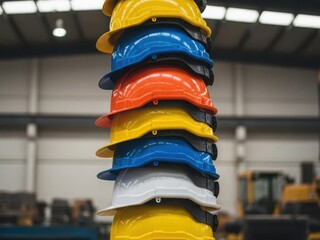 Stack of colored safety helmets in warehouse