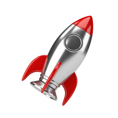 Silver and red rocket ship soaring through space with fins extended