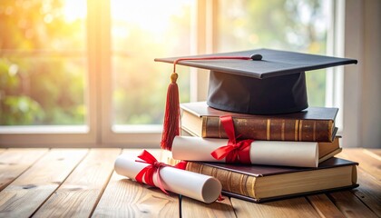 Academic Achievement Represented by Cap, Diplomas, and Stacked Books