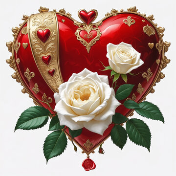 A 3D illustration of a red heart with carved details and white roses on a white background. Realistic and clean, ideal for product and design use