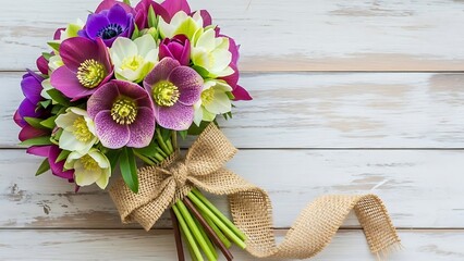 Beautiful bouquet of colorful orchids on a rustic wooden background