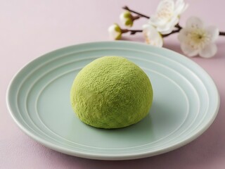 Green tea mochi on a plate with cherry blossoms