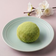 Delicious green tea mochi on a plate with cherry blossoms