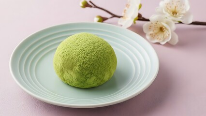 Matcha ice cream on a white plate with cherry blossoms