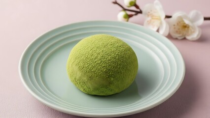 Matcha mochi on a plate with cherry blossoms