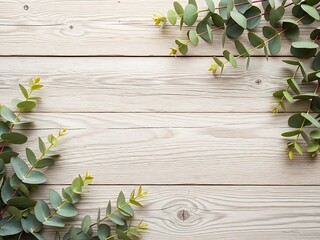 Eucalyptus leaves on rustic wooden background with natural texture