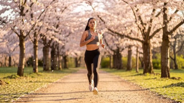 Young hispanic woman jogging on a gravel path under falling cherry blossoms during spring, camera tracking backwards