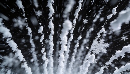 White snowflakes swirling diagonally as if blown by wind, varied flake shapes and sizes, isolated on a pure black background