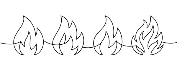 Continuous line of four flames. Minimal vector border for hot product packaging, hazard warnings and creative artwork