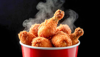 Close-up of golden breaded chicken drumsticks in a paper container with rising white steam against a black background. High-contrast studio lighting.