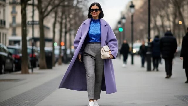Woman wearing purple coat and blue sweater walking down city street with white purse
