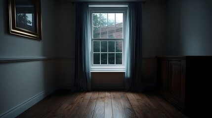 Fototapeta premium A dimly lit room interior featuring a central window with blue curtains wooden floor and a framed artwork