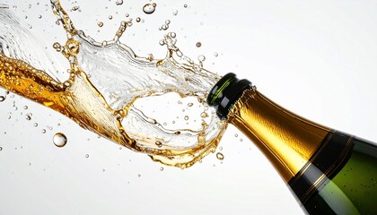 Close up of Champagne Bottle Popping with Dynamic Golden Liquid Splash