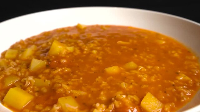 Close up view gliding over freshly made delicious and colorful tomato soup or kharcho that has large chunks of potatoes and rice in it while it is steaming. Black background.
