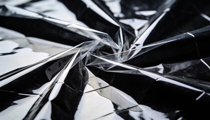 A wrinkled transparent plastic sheet forming chaotic folds and creases, high-contrast reflections and glossy highlights, black background isolation