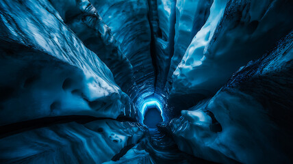 ice cave with blue light shining through the entrance