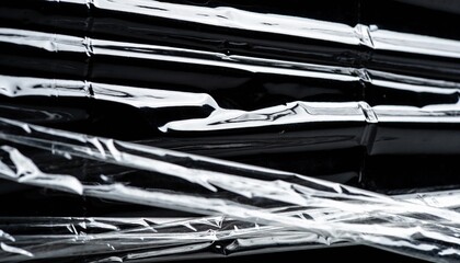 A wrinkled transparent plastic sheet forming chaotic folds and creases, high-contrast reflections and glossy highlights, black background isolation