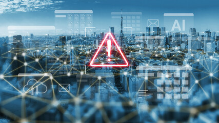 A captivating urban skyline featuring a prominent digital warning alert sign amidst a technological interface symbolizes modern connectivity and innovation in city landscapes. Gantry