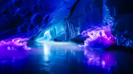 ice cave with crystals and water in blue and purple light