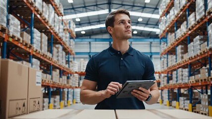 Warehouse worker using digital tablet for inventory management and logistics