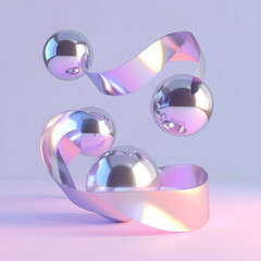 3D Surreal Abstract Art with Iridescent Spiraling Ribbons and Chrome Orbs