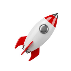 Modern rocket ship blasting off into space with red fins