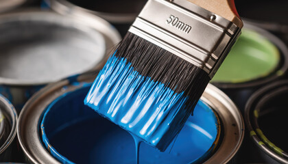 Generated image. Paintbrush is dipped into a blue paint can with other paint cans in the background during a home improvement project