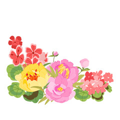 Elegant botanical corner composition with lush pink peony blooms and detailed geranium flowers with green leaf accents vector illustration. Perfect for romance wedding stationery, spring branding