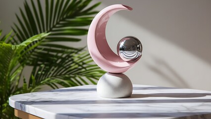 An elegant, modern abstract sculpture featuring a glossy pink crescent shape and a balanced silver chrome sphere on a white marble base. 